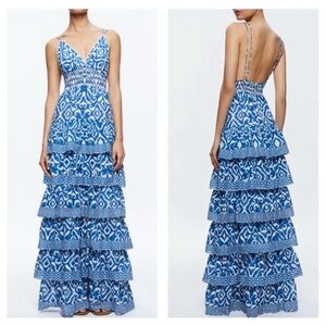 Caroline Constas Blue and White Geometric Ikat Maxi Dress Size Large